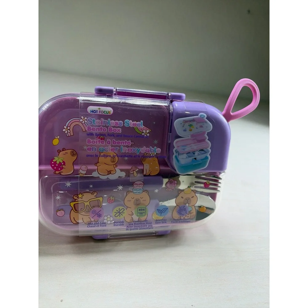 Hot Focus Capybara Stainless Steel Bento Box Purple Kids Lunch Box with Utensils